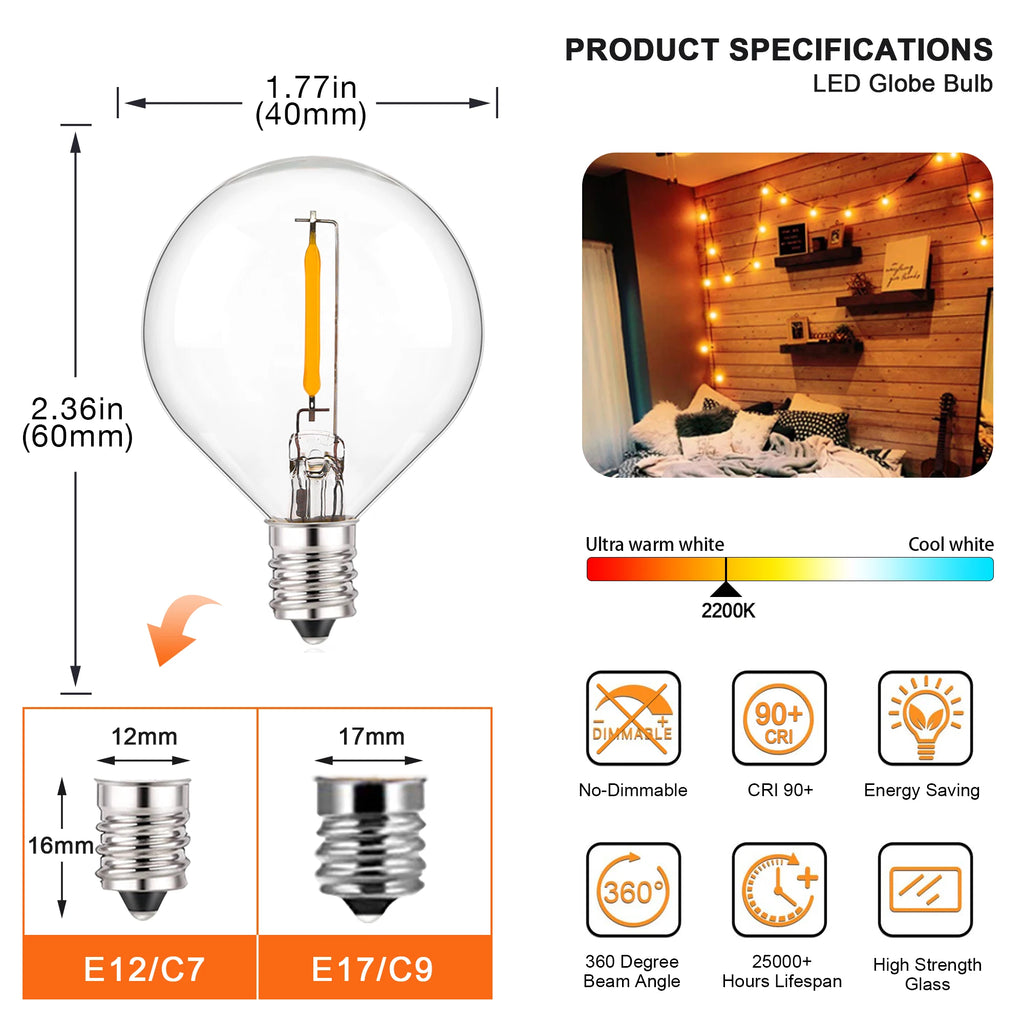 25PCS Vintage G40 LED Light Bulbs 1W E12 220V Warm White 2200K Clear Glass Equal 7W Incandescent String Light Replacement Bulb