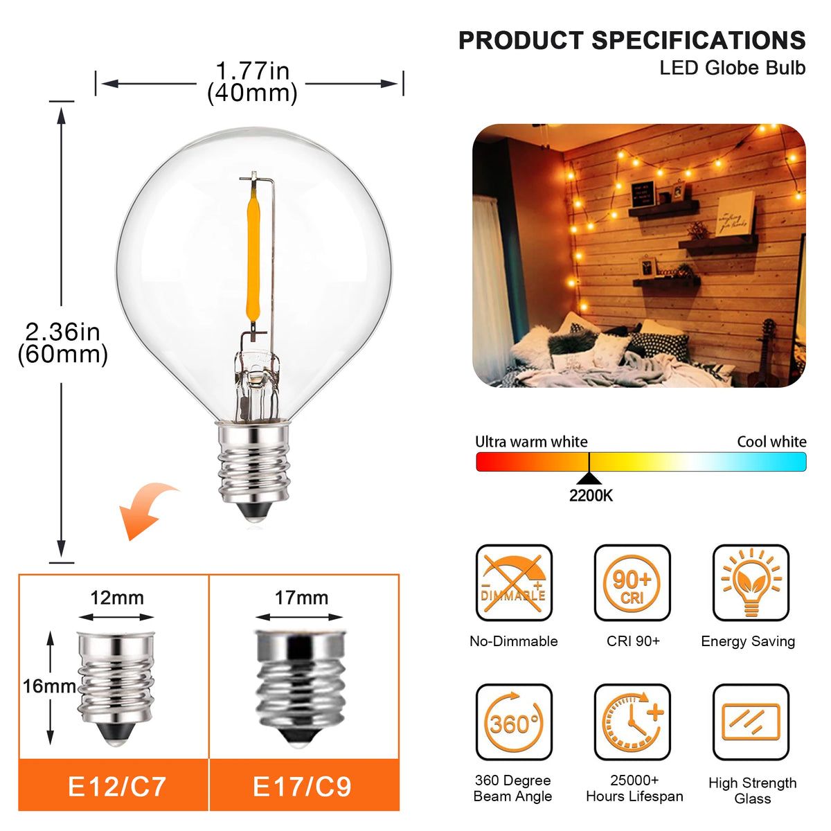 25PCS Vintage G40 LED Light Bulbs 1W E12 220V Warm White 2200K Clear Glass Equal 7W Incandescent String Light Replacement Bulb