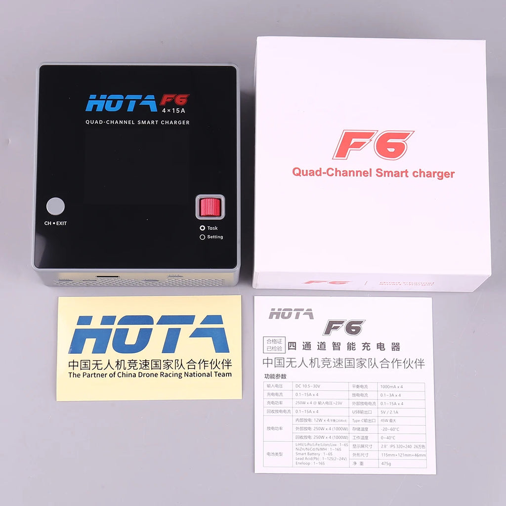 HOTA F6 QUAD-CHANNEL SMART Charger DC1000W 4*15A for Lipo LiIon NiMH Lipo Battery Balance Charger Discharger with USB 45W Type-C