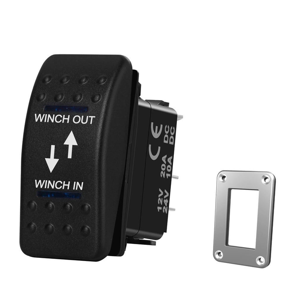 12V 20A Winch In Winch Out Switch DPDT Momentary (ON) OFF (ON) Rocker Switch 3 Position Blue Led Waterproof Reversing Switch