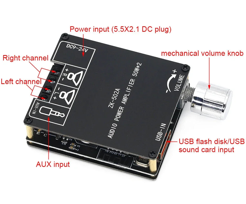 ZK-502A Bluetooth Audio Digital Power Amplifier Board Module 2.0 Stereo Dual Channel 50W + 50W