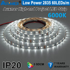 Auxmer Low Power 2835 LED Strip,Mono Color,120LEDs/m 240LEDs/m,CRI＞95/90,3SDCM,Super Bright Flex LED DC12/24V,5m/reel,IP20