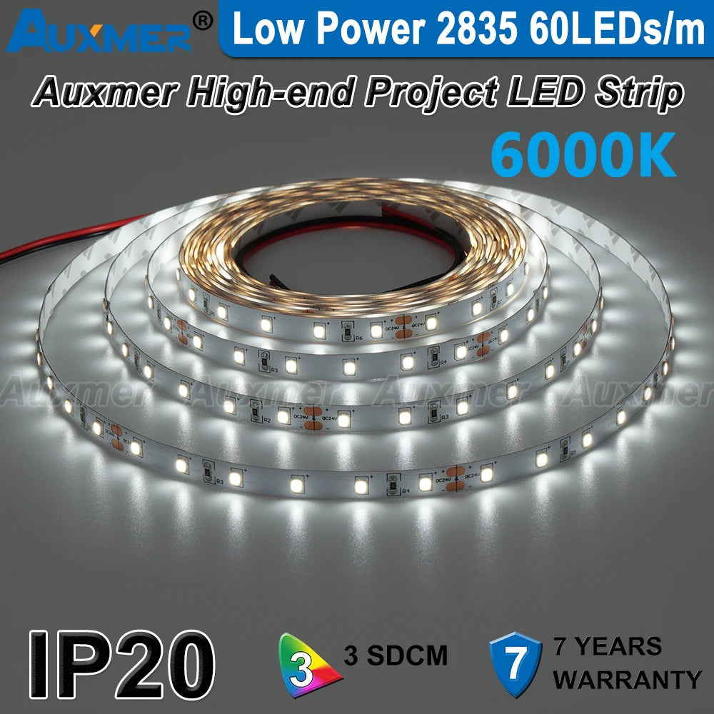 Auxmer Low Power 2835 LED Strip,Mono Color,120LEDs/m 240LEDs/m,CRI＞95/90,3SDCM,Super Bright Flex LED DC12/24V,5m/reel,IP20