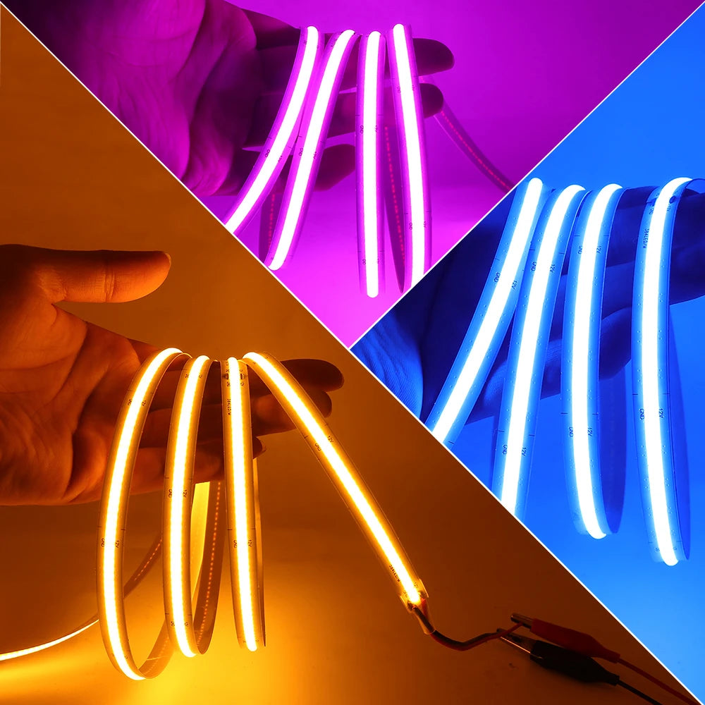 12V 5V USB COB LED Strip Light With 2Pin Wire 320 384 480 528 LEDs Flexible Tape Linear Lighting Warm White Pink Blue Red Yellow