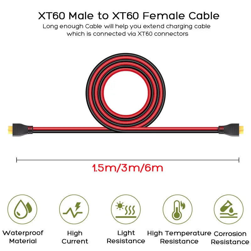 6m 3m 1.5m 12AWG XT60 Male to XT60 Female Charging Cable for ALLPOWERS R600 R1500 R2500 Ecoflow River Delta Etc. Solar Generator