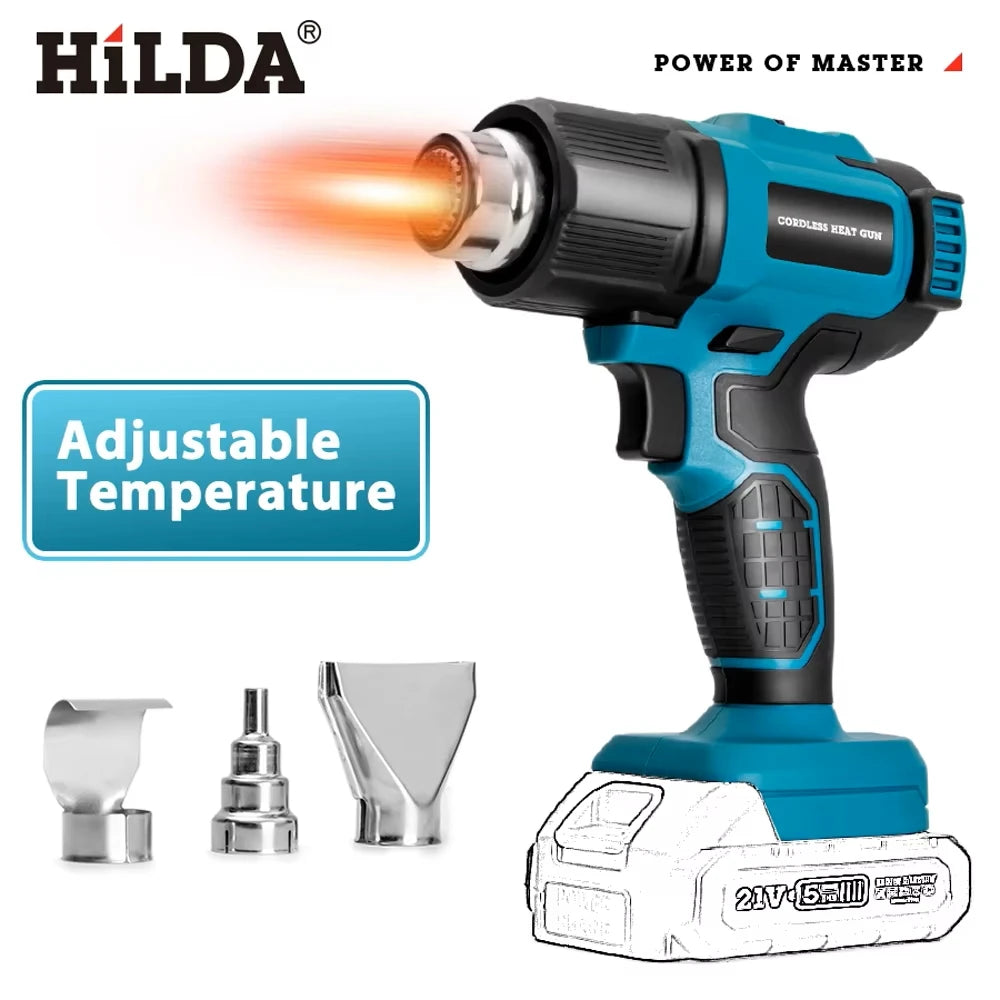 HILDA Cordless Heat Hot Air Gun Temperature Adjustment Electric Shrink Wrapping Tool Dryer With Nozzles for Makita 18V Battery