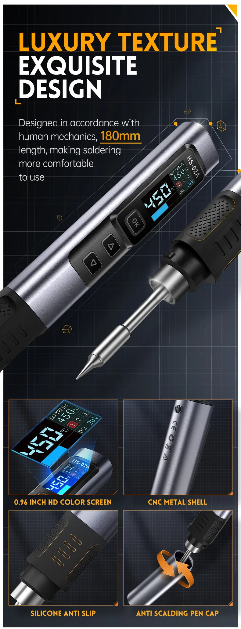 FNIRSI HS-02 Adjustable Temperature Soldering Iron DC 20V 100-450℃ Welding Solder Rework Station PD 100W Portable Repair Tool