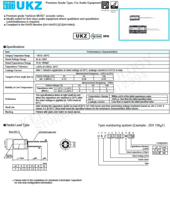 10pcs New Nichicon MUSE KZ Series 25V 50V 100V 10UF 22UF 33UF 47UF 100UF 220UF 470UF 1000UF Hi-Fi Audio Capacitor Copper Feet
