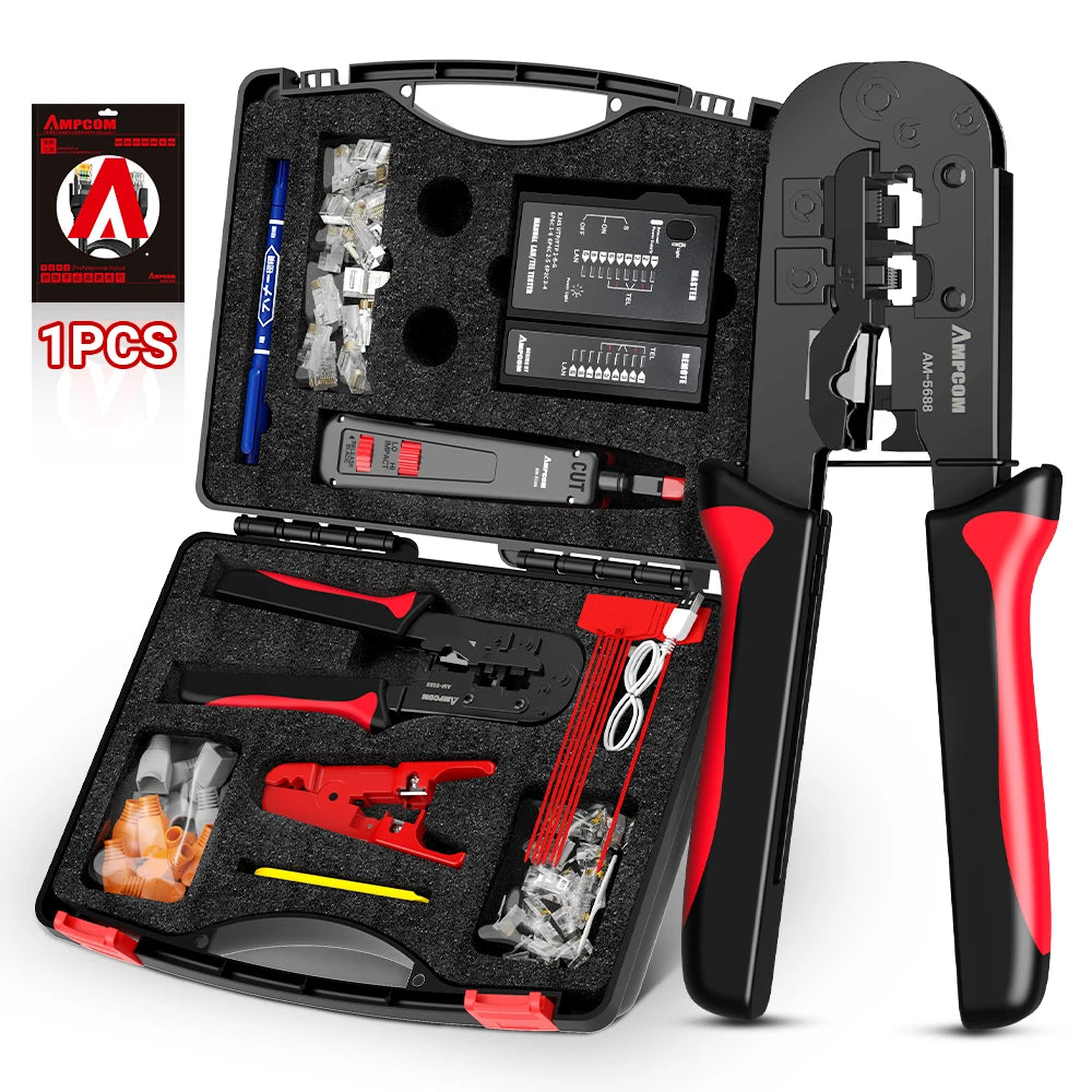 AMPCOM RJ45 Crimper Lan Tester Tool Set Ethernet Cable Stripper Punch Down Tool RJ 45 RJ11 Connectors 12 in 1 Cabling Repair Set