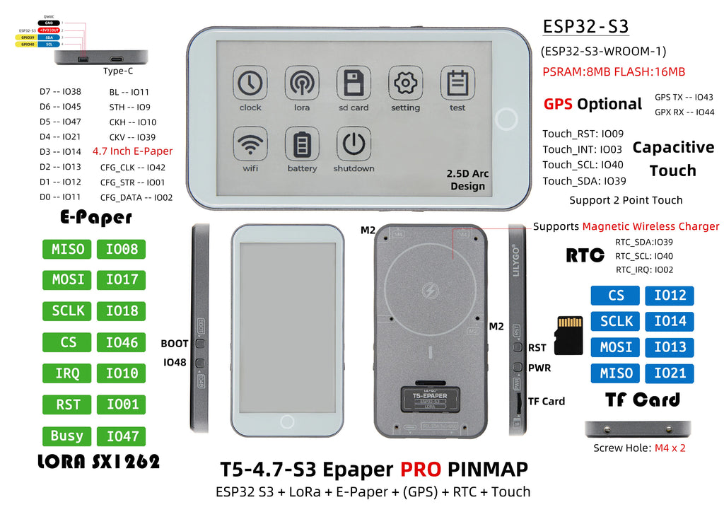 T5 E-Paper S3 Pro E-Ink Display ESP32-S3 4.7-inch E-Paper Module LoRa SX1262 TF Card RTC PCF8563 Touch Battery GPS