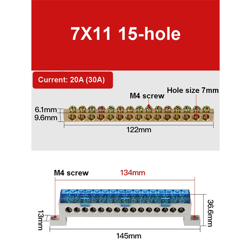 A10 Series 7*11 9*14 3/4/5/6/7/8/10/12 Hole Zero Ground Row Copper Bar Connection Terminal Wiring Terminal of Distribution Box