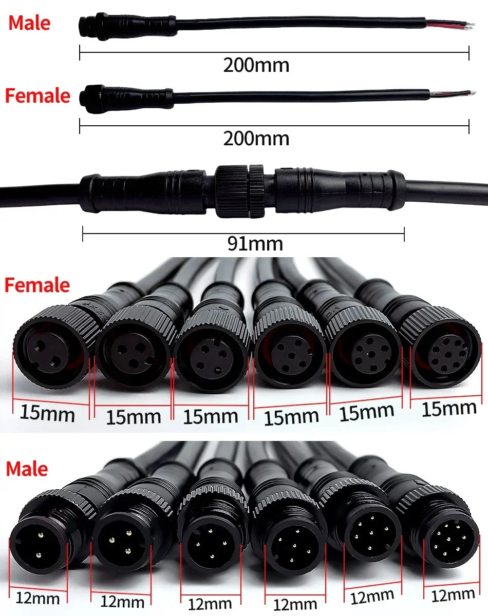 5/20Pcs M12 Metal Waterproof IP68 2/3/4/5/6/8 Pin Power Cable Wire Plug IP68 for LED Strips Male Female Connector 20CM