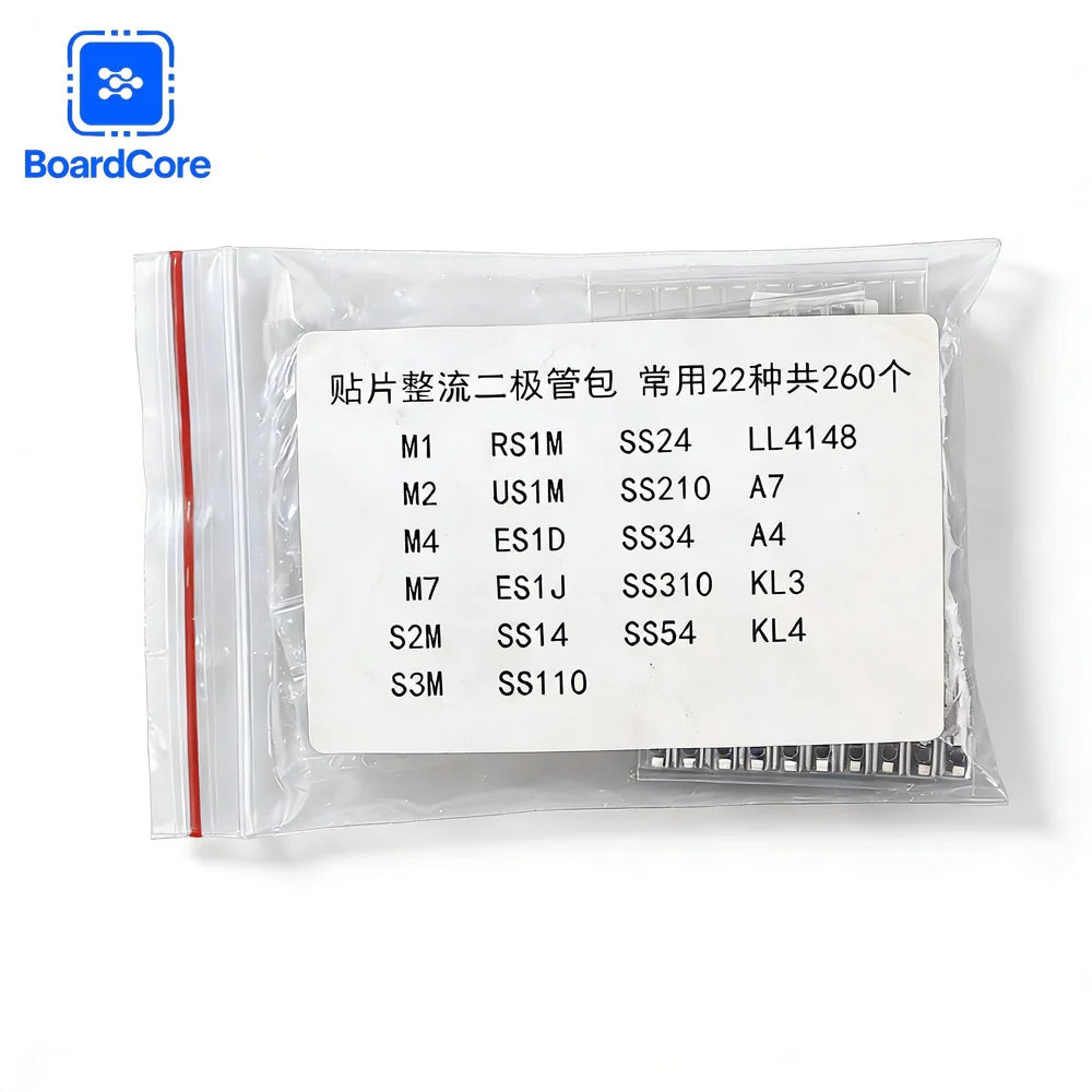 260PCS SMD Diode Assortment Kit Rectifier/Schottky/Switching Diodes M1/M4/M7/SS14/SS24/RS1M/US1M/SS34/SS54/BAT54C/BAT54S/LL4148