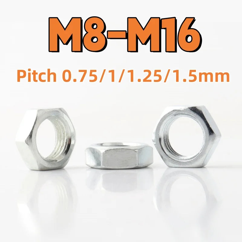 Hex Nut M8 M10 M12 M14 M16 Galvanized Carbon Steel Fine Thread Hexagon Nut Thin Nut Lighting Nut Pitch 0.75/1/1.25/1.5mm