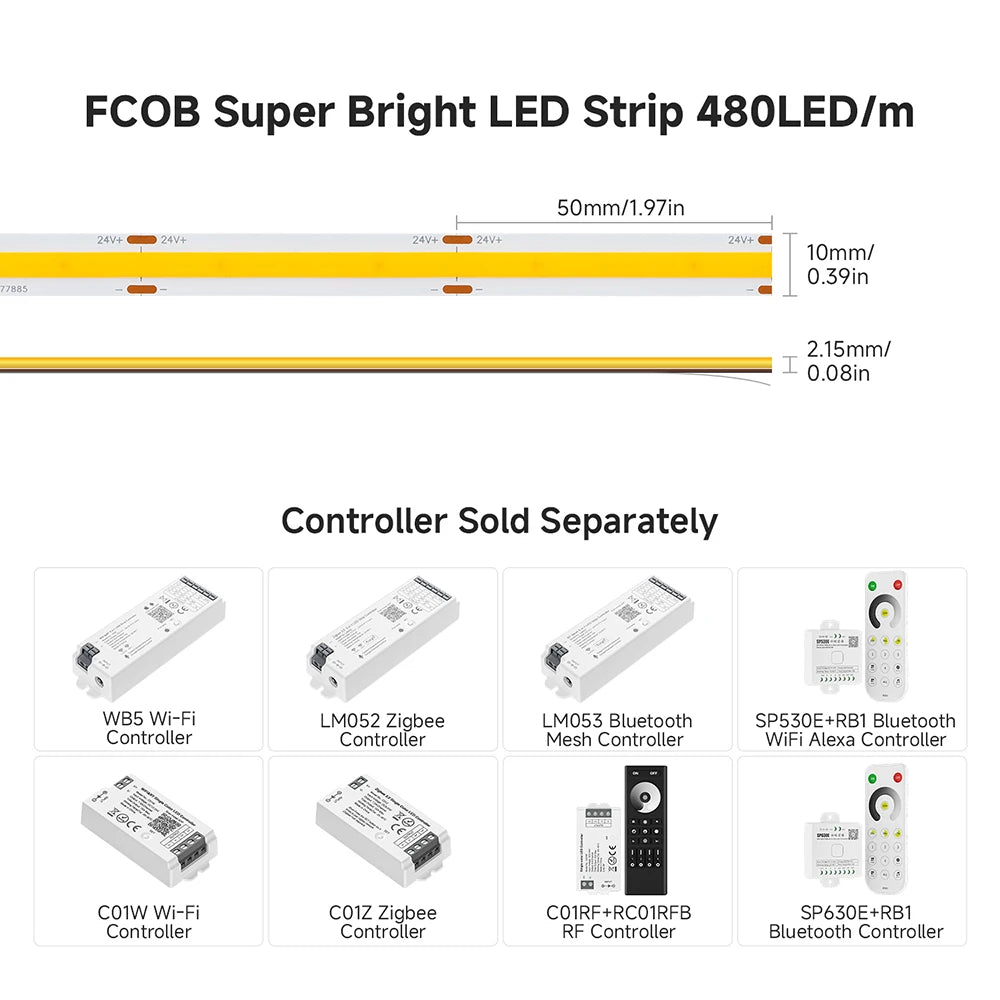 Super Bright 480 LEDs FCOB LED Strip Ultral Bright Efficient COB Light 2700K 6000K Dimmable Linear Flexible RA90 UL CE DC24V