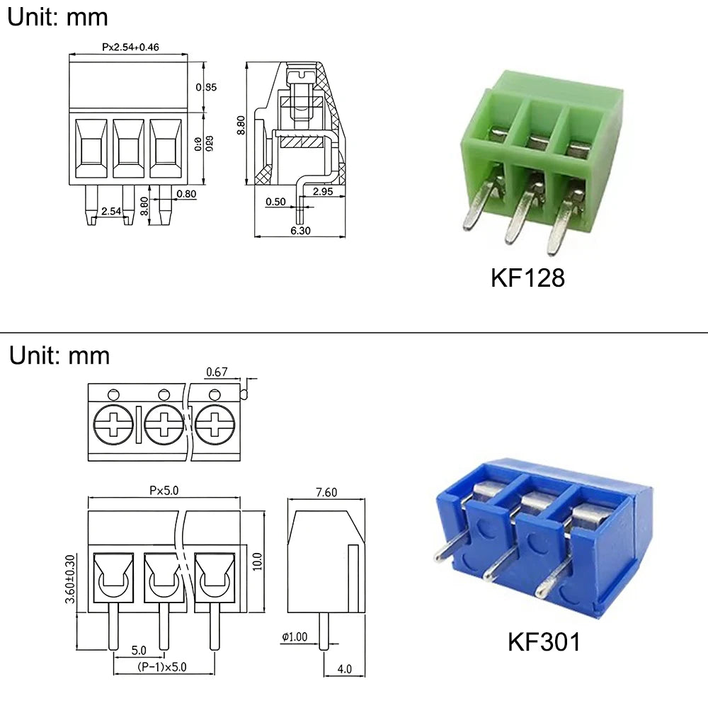 1Box KF128 KF301 PCB Screw Terminal Block Connector Kit 2.54mm 5mm Pitch 2Pin 3Pin 4Pin with Pin Header Screwdriver