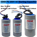 CD60 P2 250V AC 50/60Hz Starting Capacitor Startup Aluminum Shell Paper Core 75uF 100uF 150uF 200uF 250uF 300uF