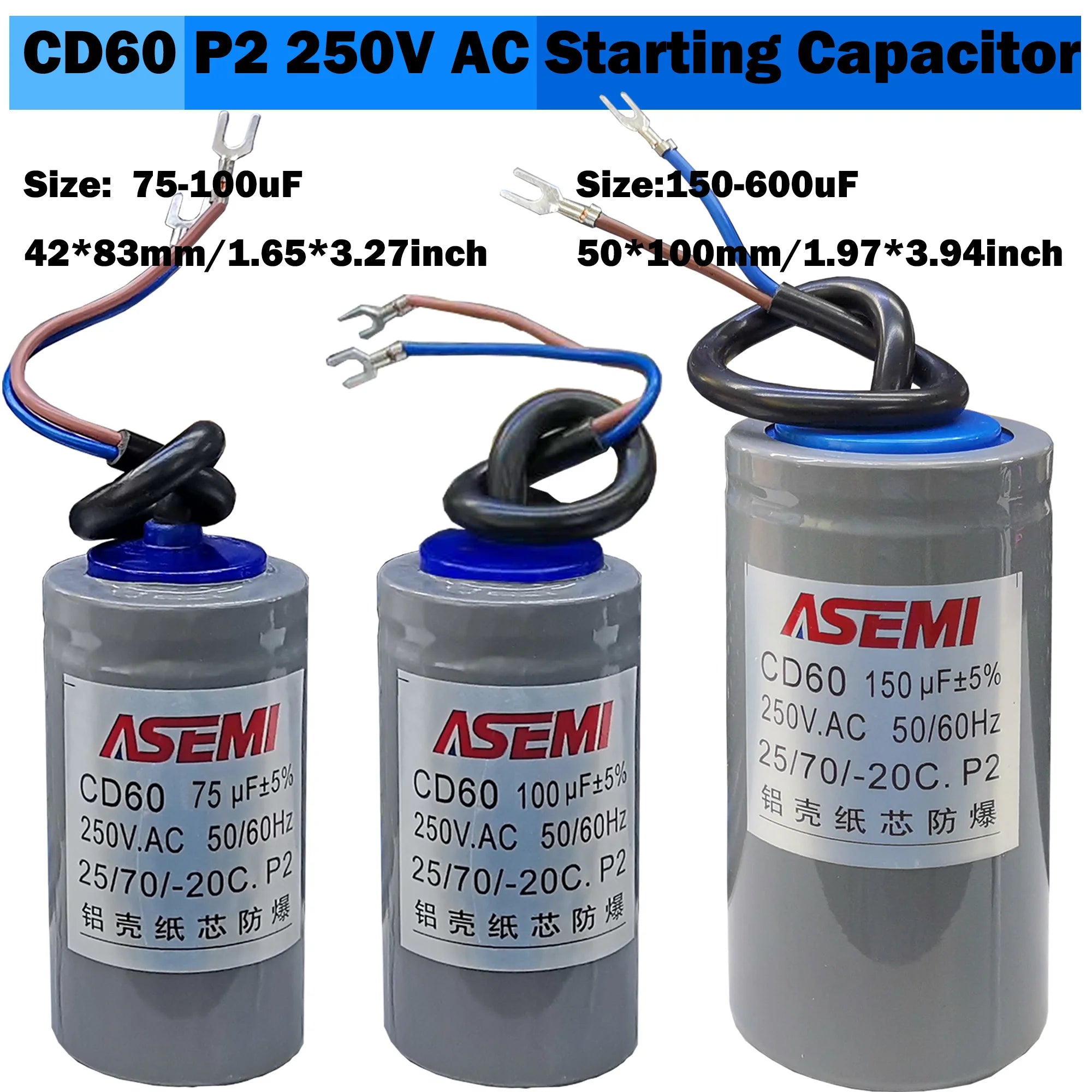 CD60 P2 250V AC 50/60Hz Starting Capacitor Startup Aluminum Shell Paper Core 75uF 100uF 150uF 200uF 250uF 300uF