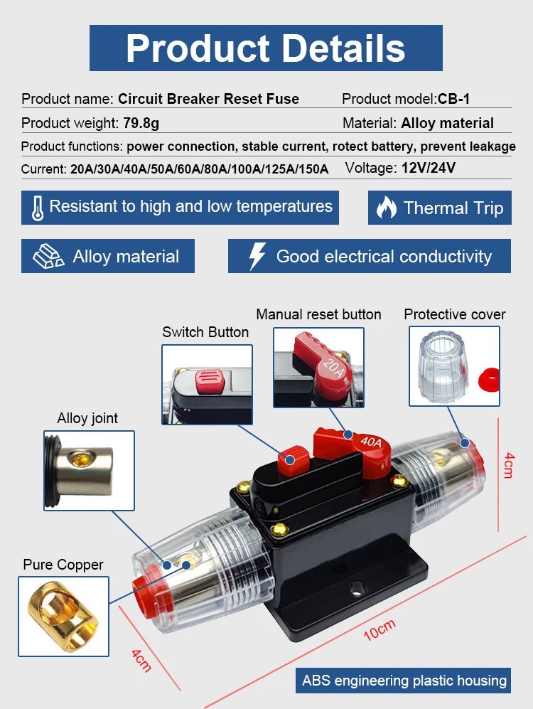 Circuit Breaker Reset Fuse 12v 24v 48v DC 20A-300A 250A Solar Fuse Car Boat Audio Manual Power Protect Fuse Resettable Insurance