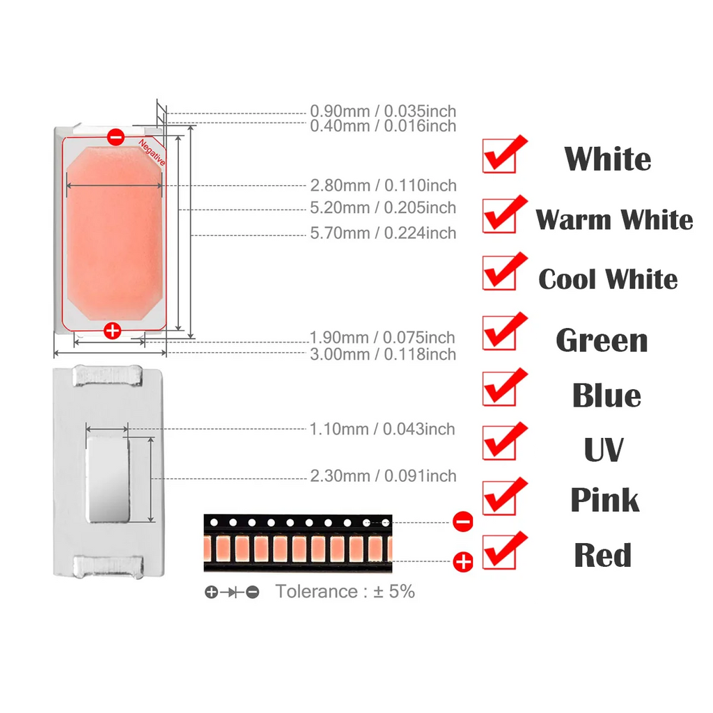 100Pcs SMD 5730 5630 LED Diode Chip 0.1W 0.2W 0.5W Warm White Red Green Blue Yellow Orange UV Purple Pink Light Beads Emitting