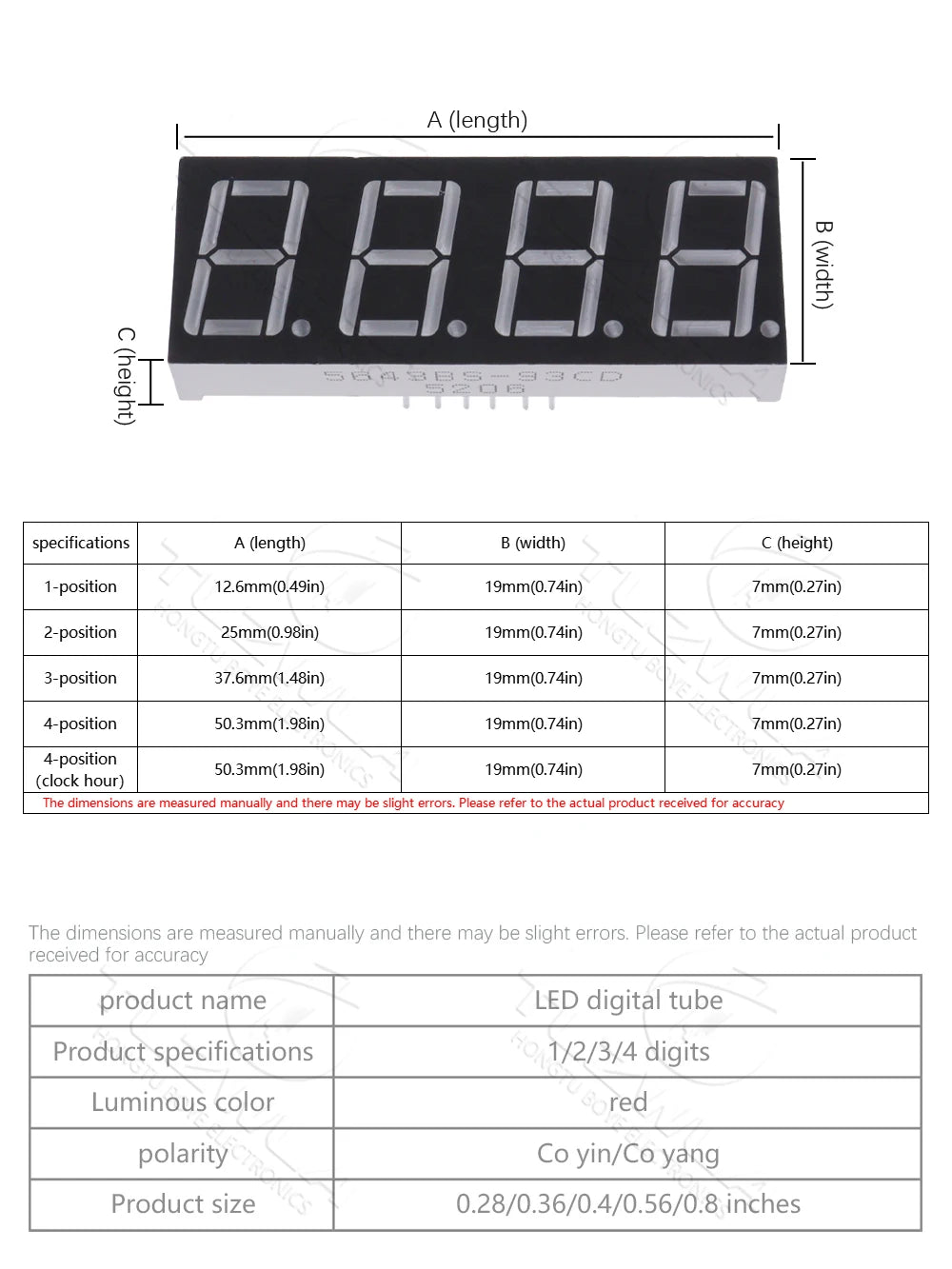 5PCS LED Digital Tube Display 0.28/0.36/0.4/0.56/0.8-Inch 1/2/3/4-Bit 7 Segment Common Cathode/Anode Red/White/Yellow/Green/Blue