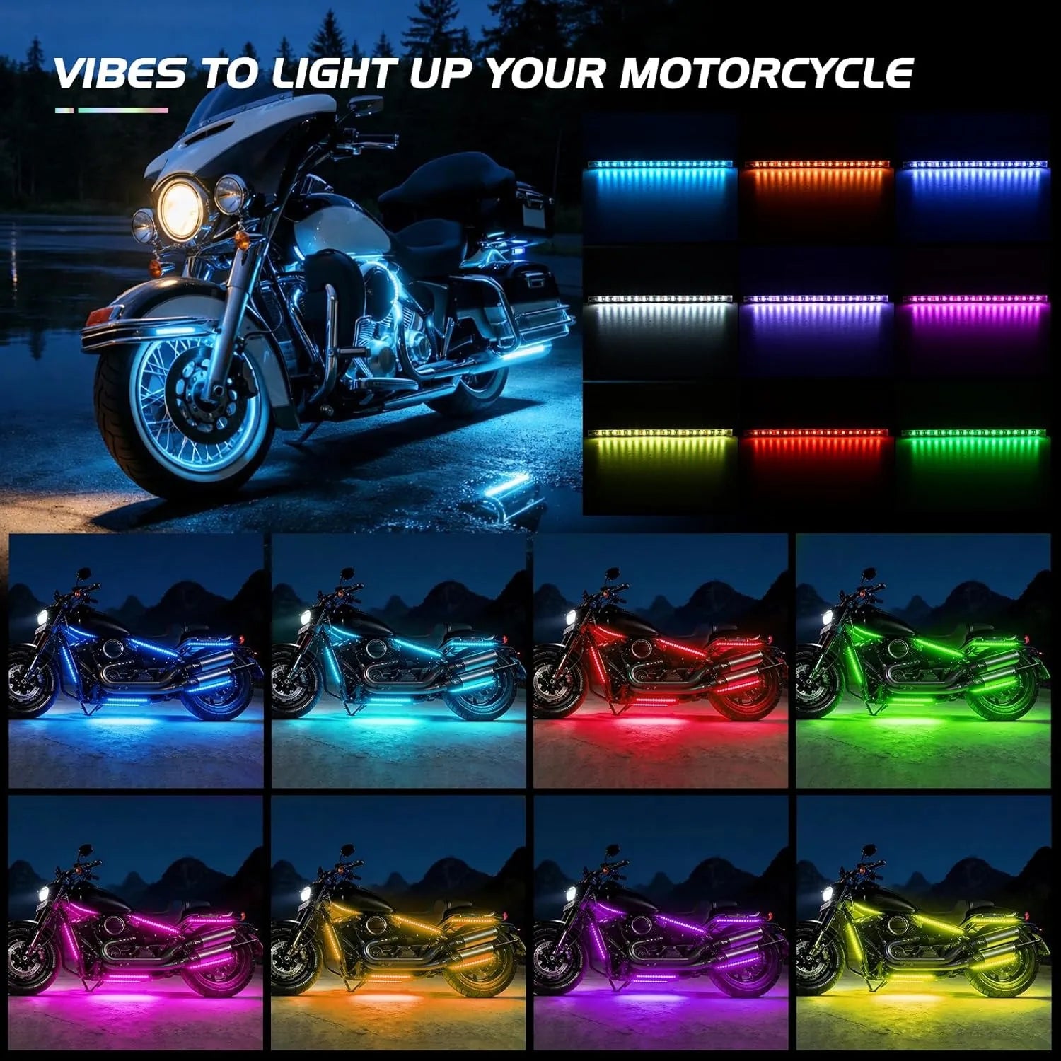 Nilight 8PCS Motorcycle RGB Led Light Kit Waterproof Multi-Color Atmosphere Lights Lamp with 4Key RF Wireless Remote for Harley Davidson Honda Kawasaki Suzuki