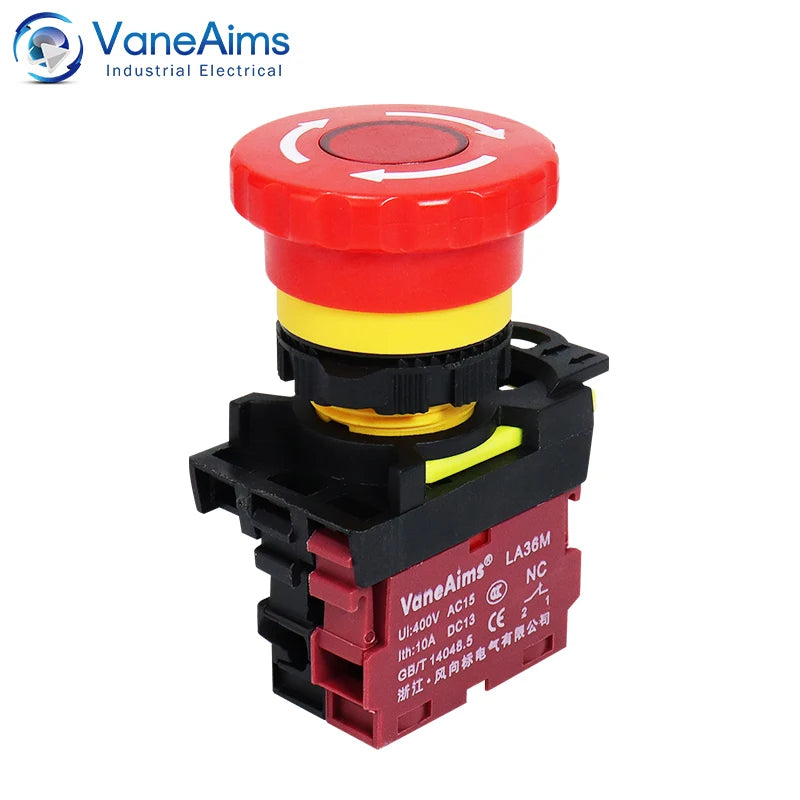 22mm LA36M Emergency Stop Switch Lockable Push Button 12v 24v 220v 10A 1NC 2NC Red Mushroom Head E-Stop Switches On Off VaneAims