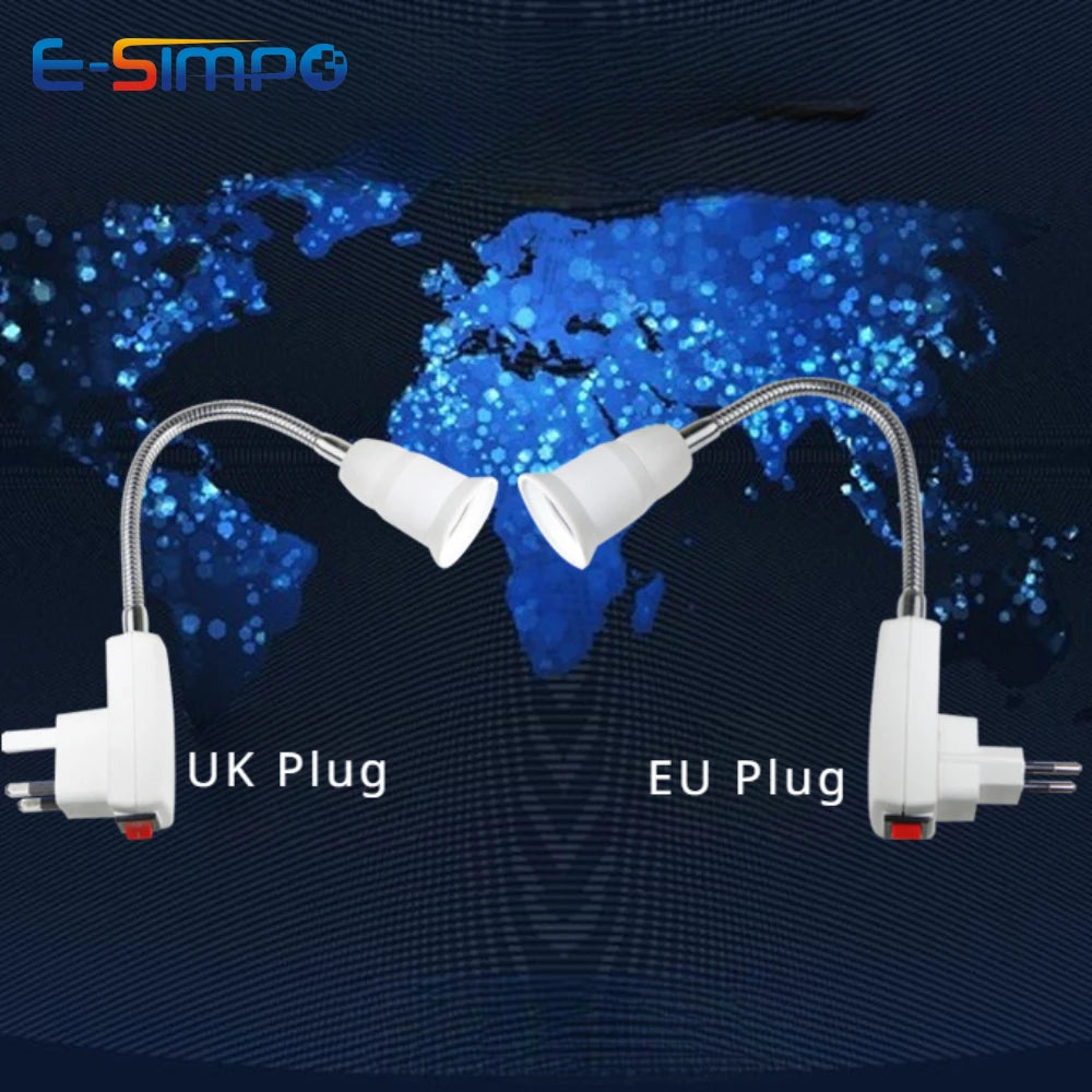 1pc E27 20cm 360D Bendable US UK EU AC Power Plug to E26 E27 Edison Screw CFL LED Light Socket Lamp Holder Adapter wt Switch