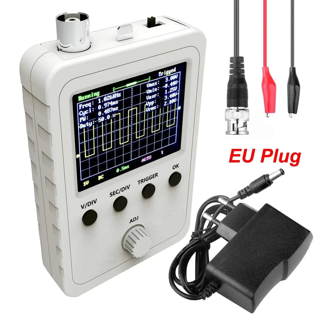 FNIRSI 2.4” TFT Handheld Digital Oscilloscope 0-200KHz Bandwidth 1M Sampling Rate with BNC-Clip Cable Probe and Power Supply