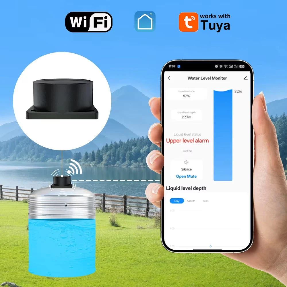 Tuya WiFi or ZIgbee Ultrasonic Water Level Sensor Wireless Gauge Water Tank Level Monitor Waterproof IP65 Water Leak Detector