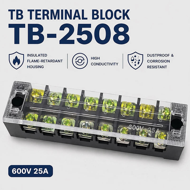 1PCS TB2508 Dual Row Thick Copper Screw Terminal Block Flame Retardant Grounding Strip Wire Connector Durable 600V 25A