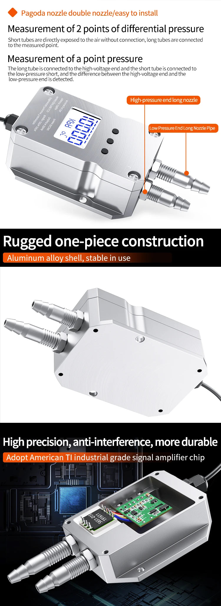 4-20mA LCD Differential Pressure Transmitter 0-10V 0-5V  RS485 Wind Pressure Sensor 1Kpa 10kp 50Pa 100Pa 500Pa 50Pa Air Pressure