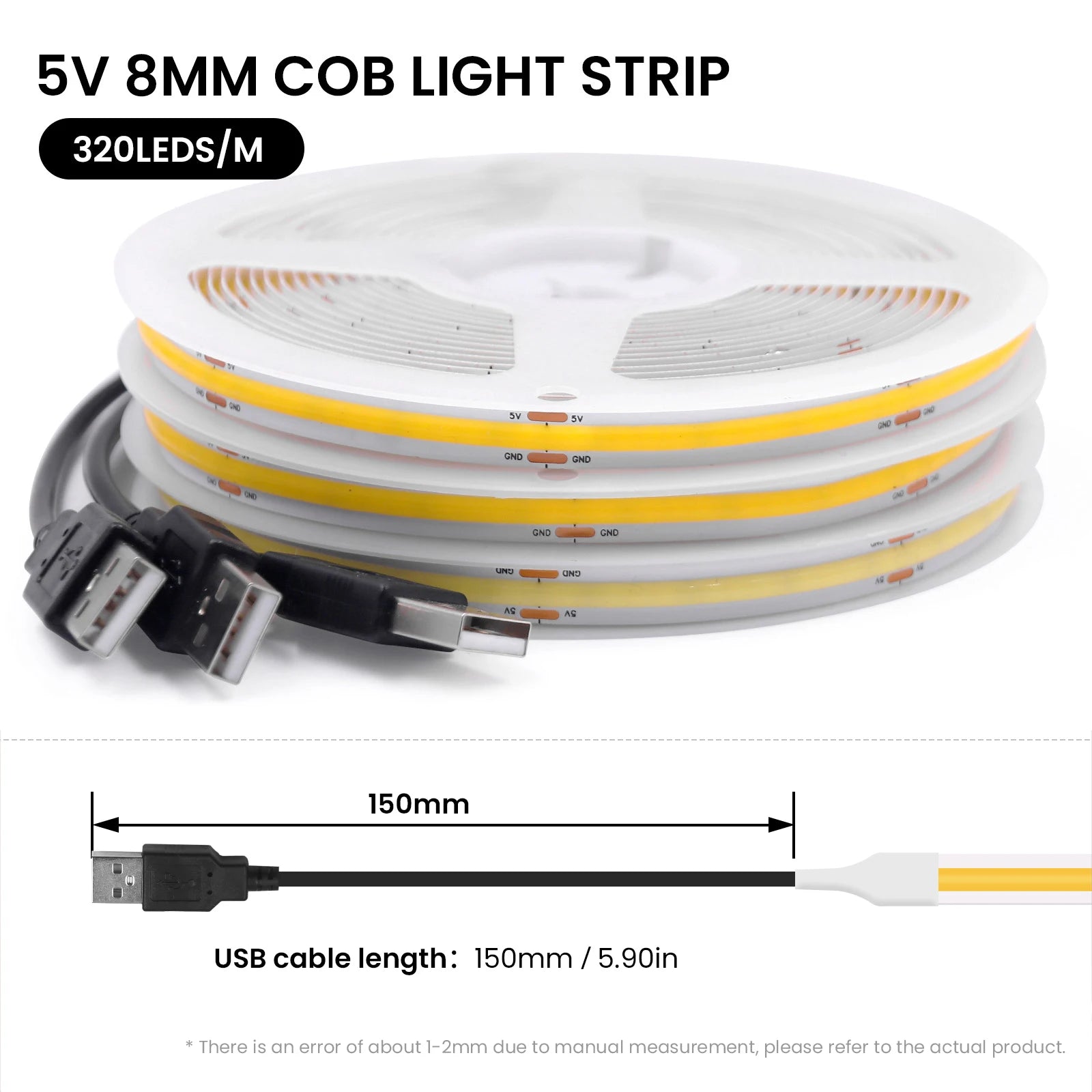 DC 5V USB COB Strip 3MM 5MM 8MM White/Pink/Red/White/Yellow/Ice Blue/Green Flexible Ribbon Rope Home Decor TV Backlight