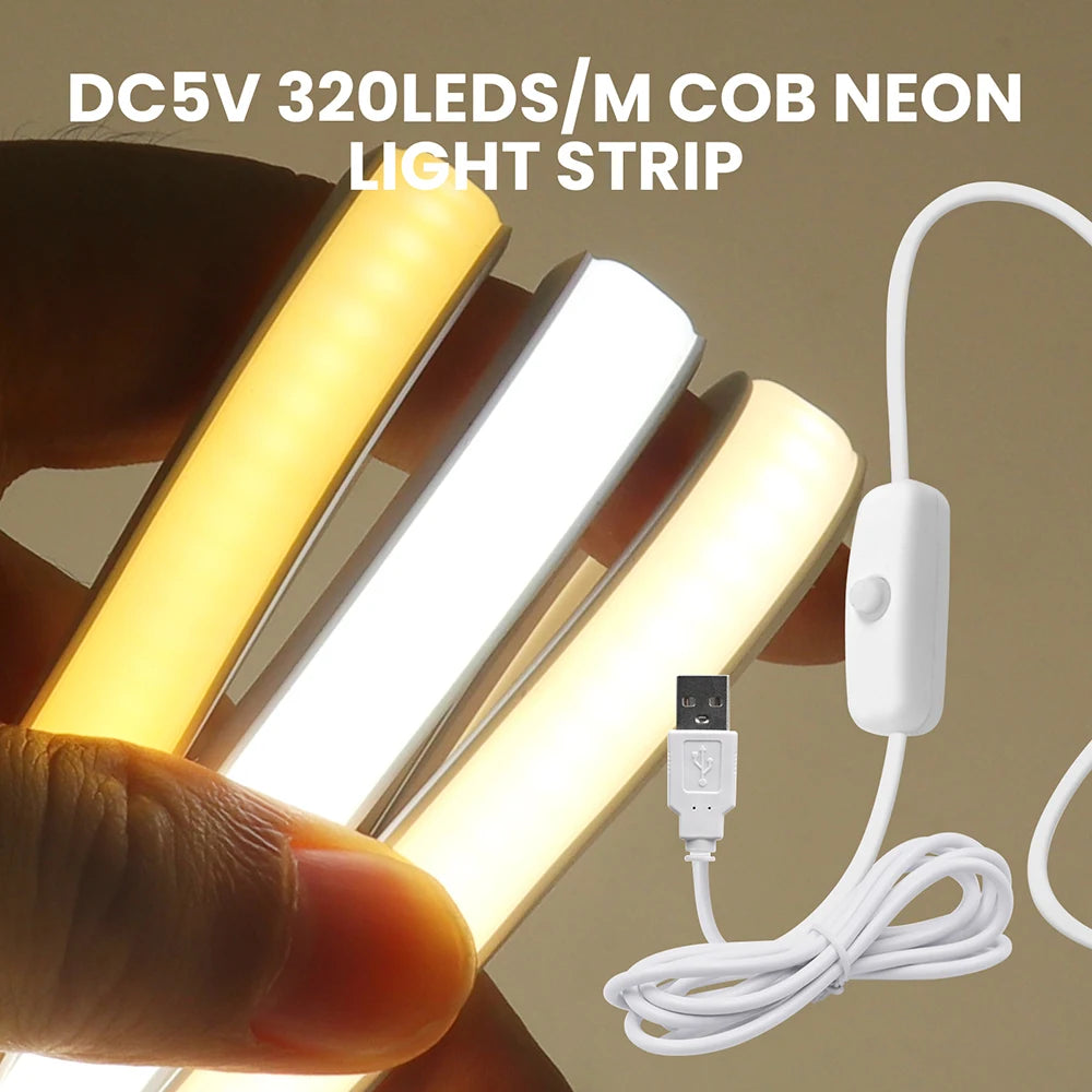 IP68 Waterproof Flexible Neon Rope Light USB COB LED Strip 5V ON OFF Switch 320 LEDs/m Natural Warm White 0.5m 1m 2m 3m 4mm 5m