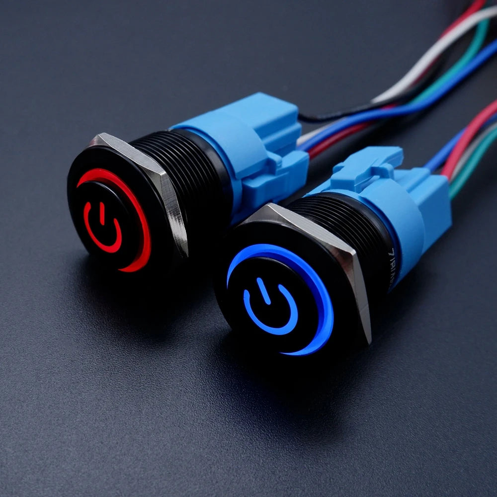 16mm 19mm 22mm Black On Off Metal Button Switch Car Power Start Stop Led Light Waterproof Reset Latching With Socket 5V 12V 220V