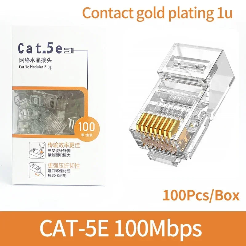100Pcs/Box Gold Plated RJ45 Plug Network Crystal Head Gigabit Ethernet Cable Connector Cat5e/Cat6e with Shield