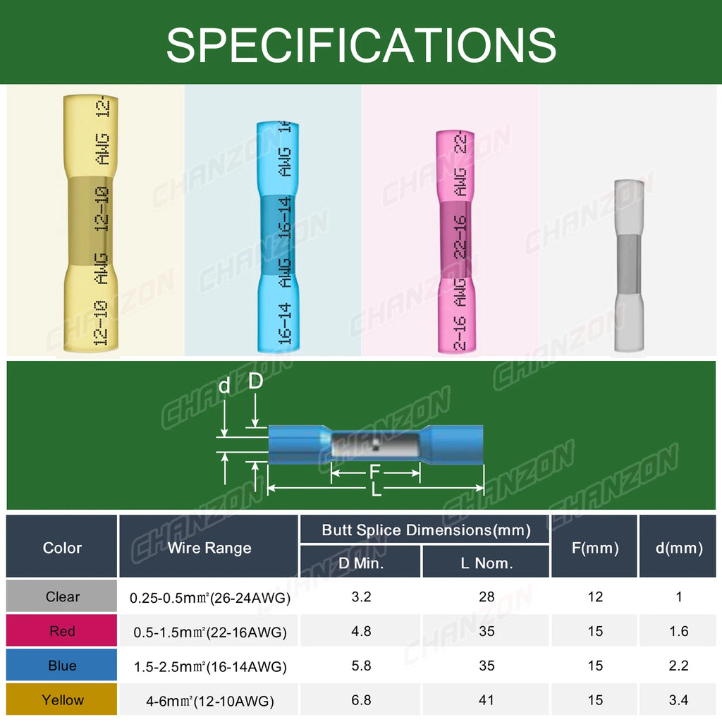 20/50/100PCS Heat Shrink Butt Wire Terminal Kit Waterproof Shrinkable Solder Crimp Splice Electrical Cable Joint Tube Connector