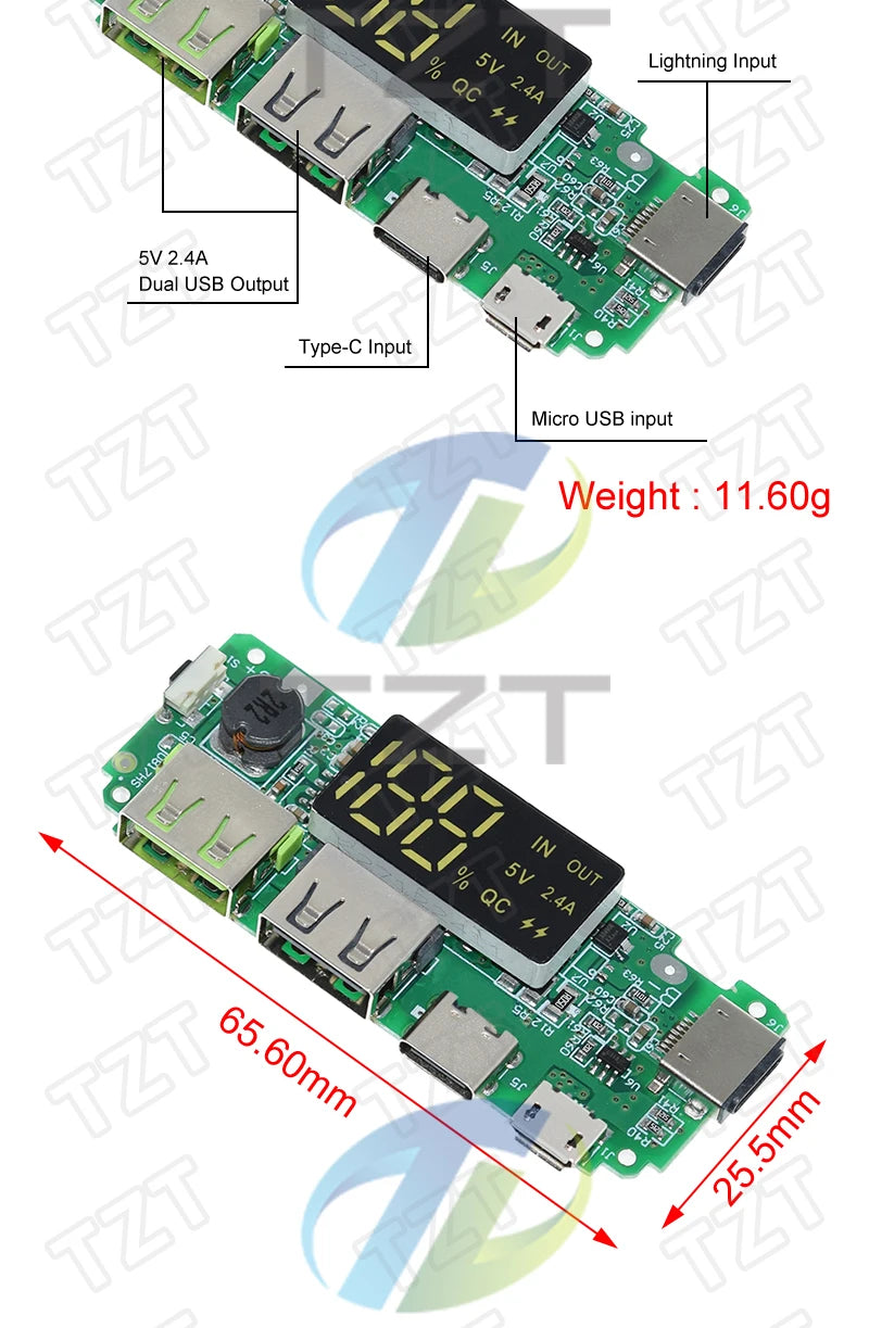 LED Dual USB 5V 2.4A Micro/Type-C USB Mobile Power Bank 18650 Charging Module Lithium Battery Charger Board Circuit Protection