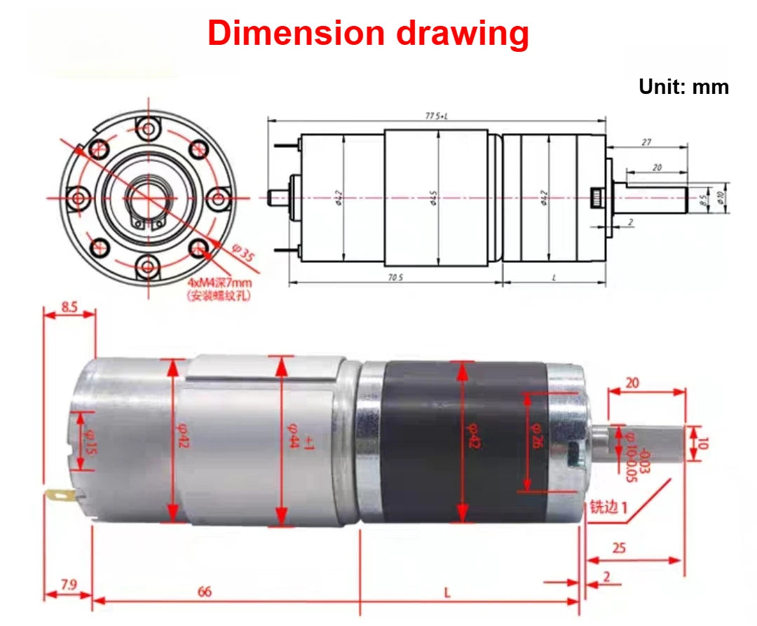 PGM42-775 Metal Planetary Geared DC Geared Motor DC 12V~24V 1600RPM~8RPM High Torque and Forward/Reverse PWM Speed Regulation