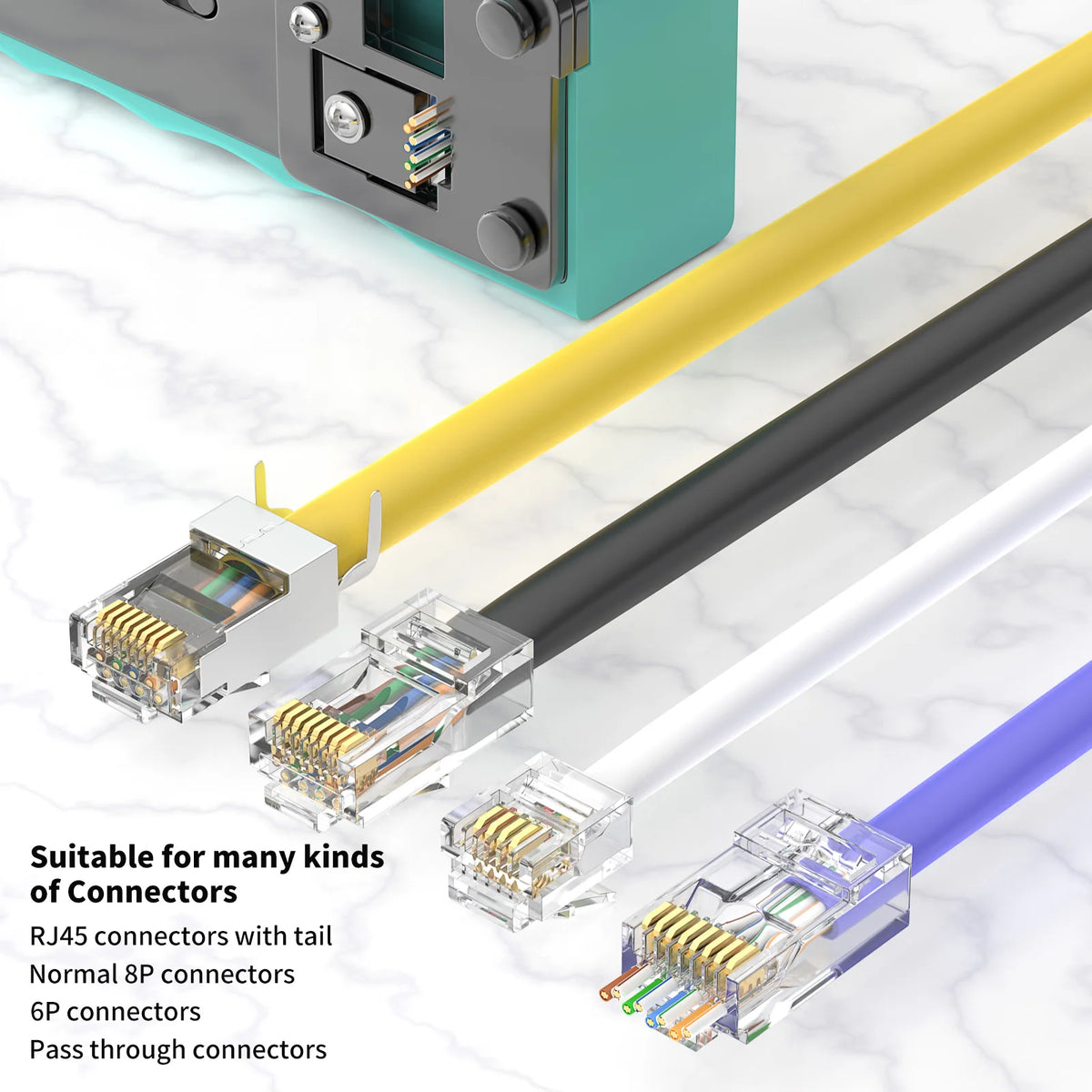 CNCOB RJ45 Pass Through Crimping Tool for Cat8 Cat7 6A Cat6/5e Ethernet Modular Plugs Ends Connectors, All-in-One, RJ11 Crimp