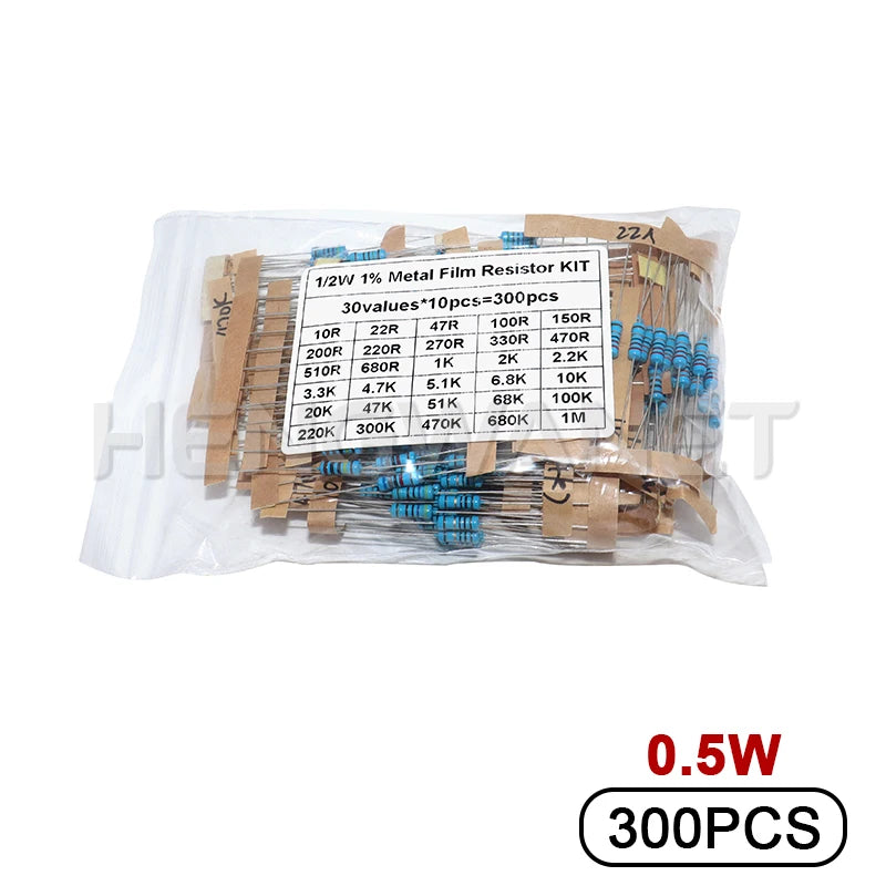 300PCS 1W 1/2W 1/4W 10R - 1M Ohm Resistance Set 1% Metal Film Resistor Assortment Kit 30Kinds*10pcs=300PCS