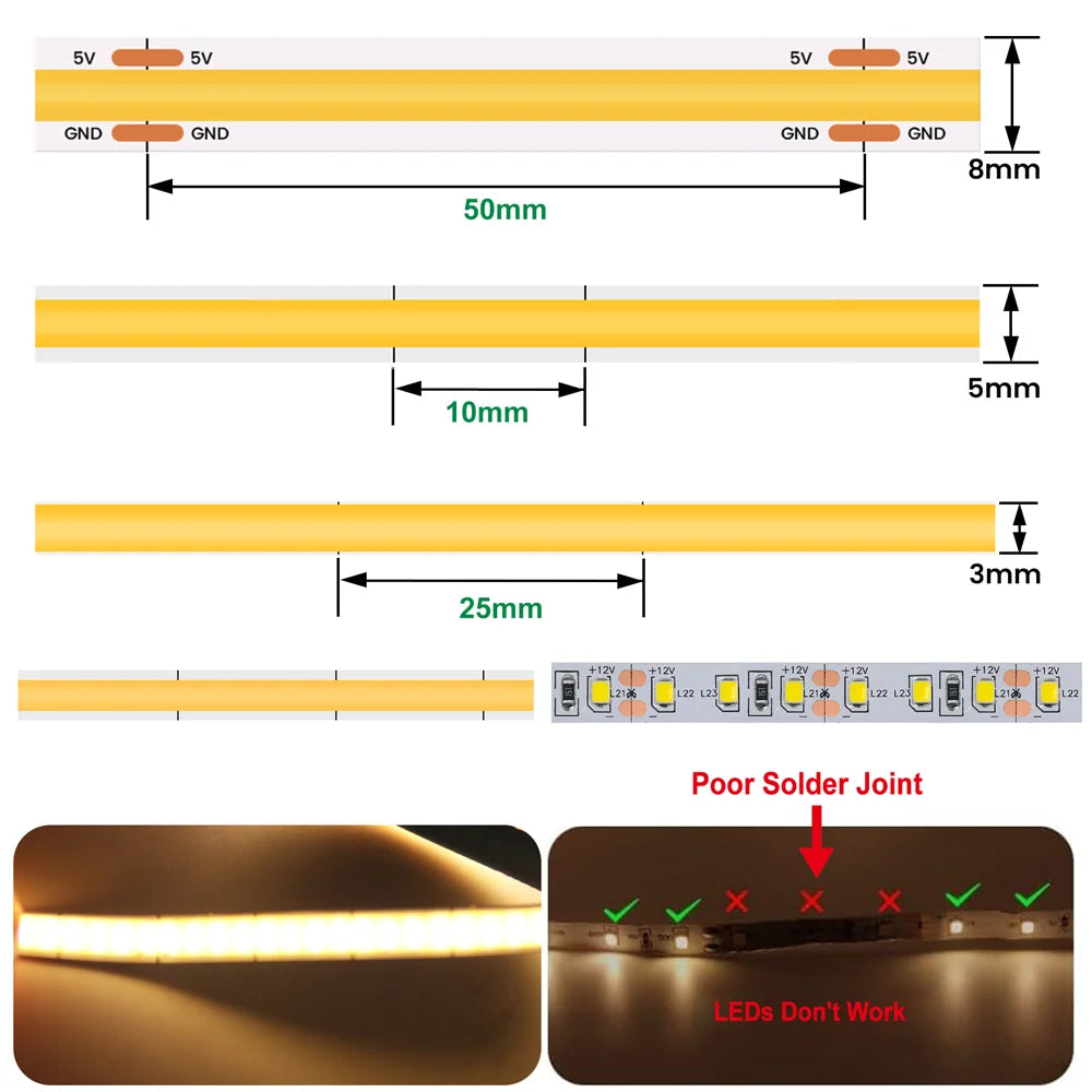 5V COB LED Strip 3mm 5mm 8mm Width 320LEDs/m High Density COB LED Tape AA Battery Powered Linear Lighting White Red Green Blue