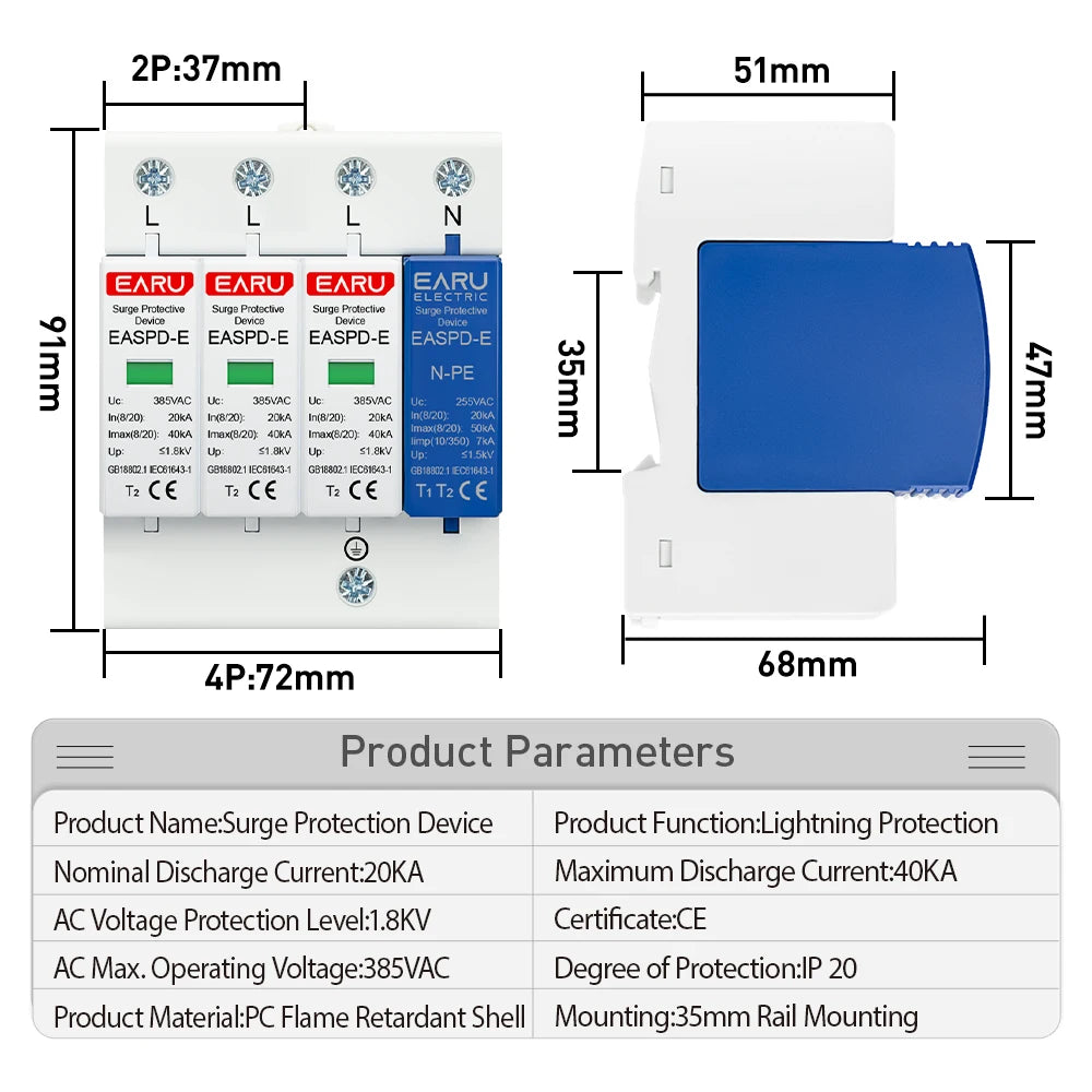 EARU AC SPD 1P/3P+NPE 50KA T1 T2 385V 275V House Lightning Surge Protector Protective Solar Low-Voltage Arrester Device Din Rail