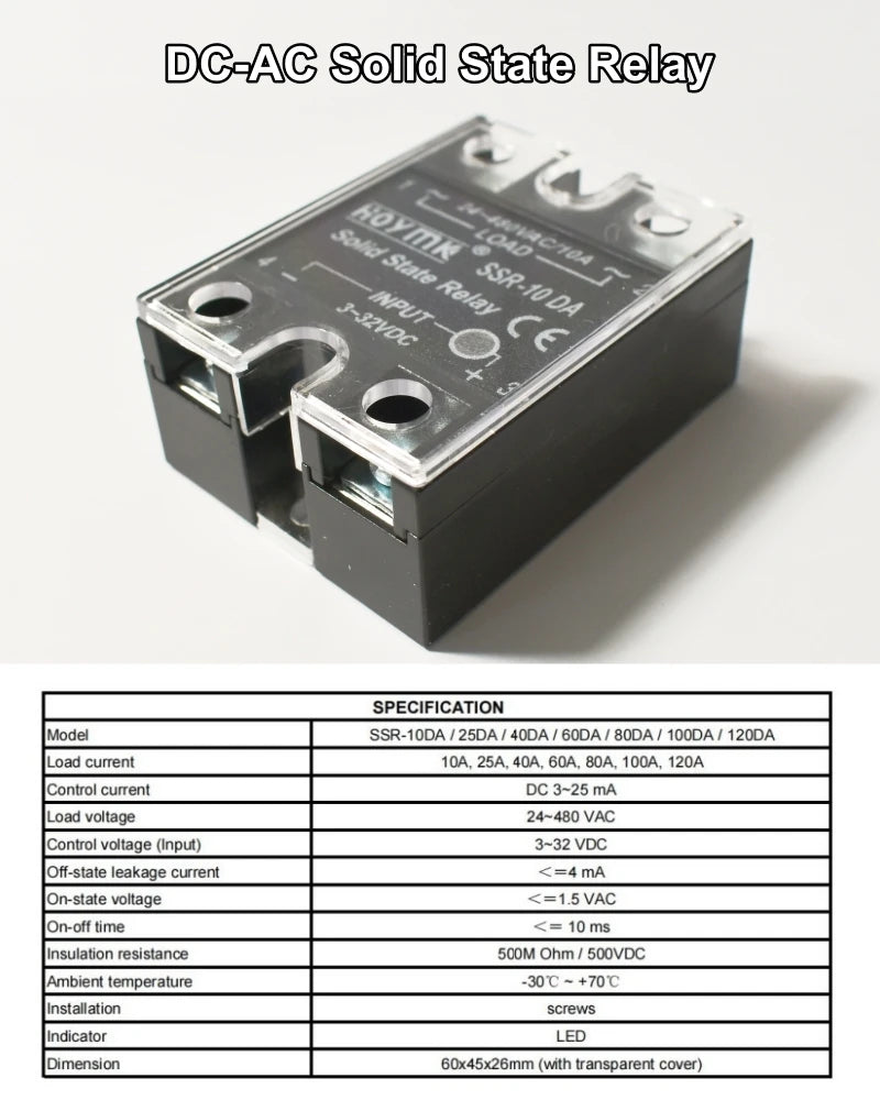 12V 24V Solid State Relay DC to AC SSR Module 230V AC Load 3-32VDC Input for Home SSR-10DA SSR-25DA 40DA 60DA 80DA 100DA 120DA