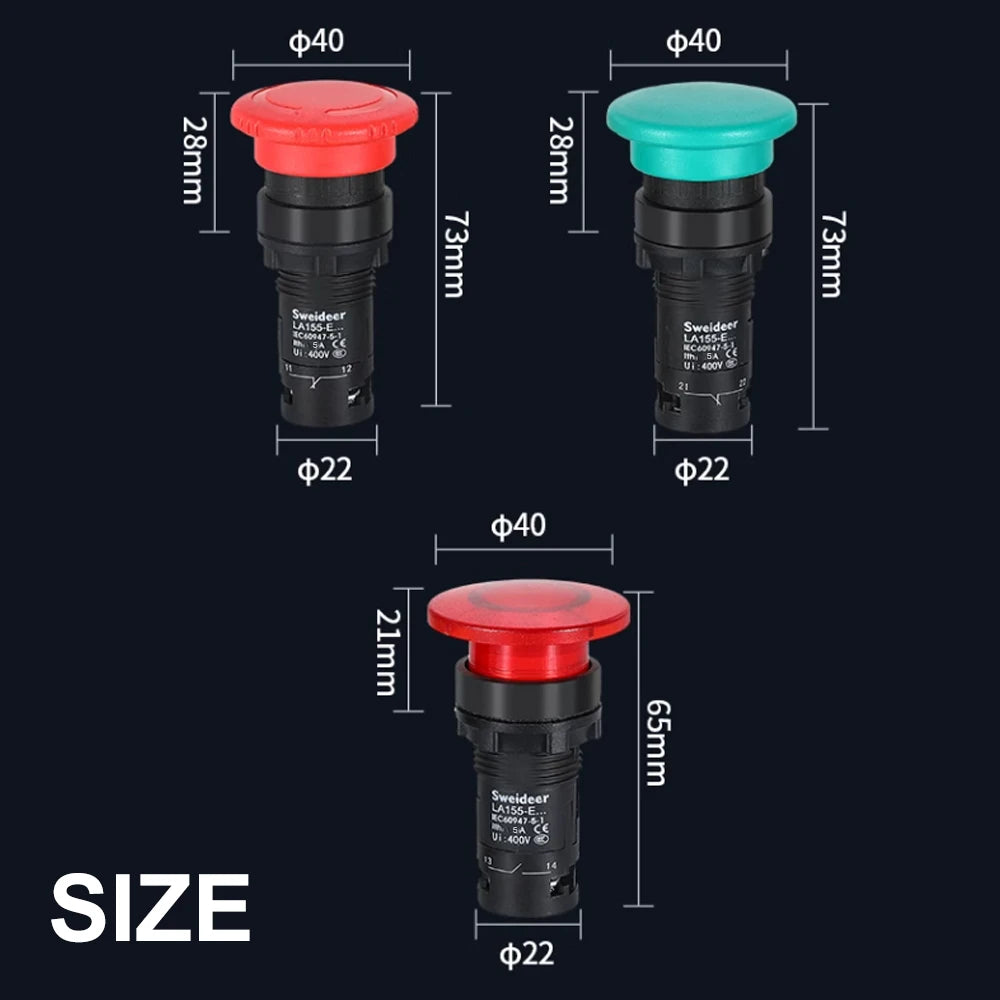 22mm Mushroom Button Switch Momentary Self Reset Emergency Stop Push Button Switch Power Start Switch with Light Red Green 5A