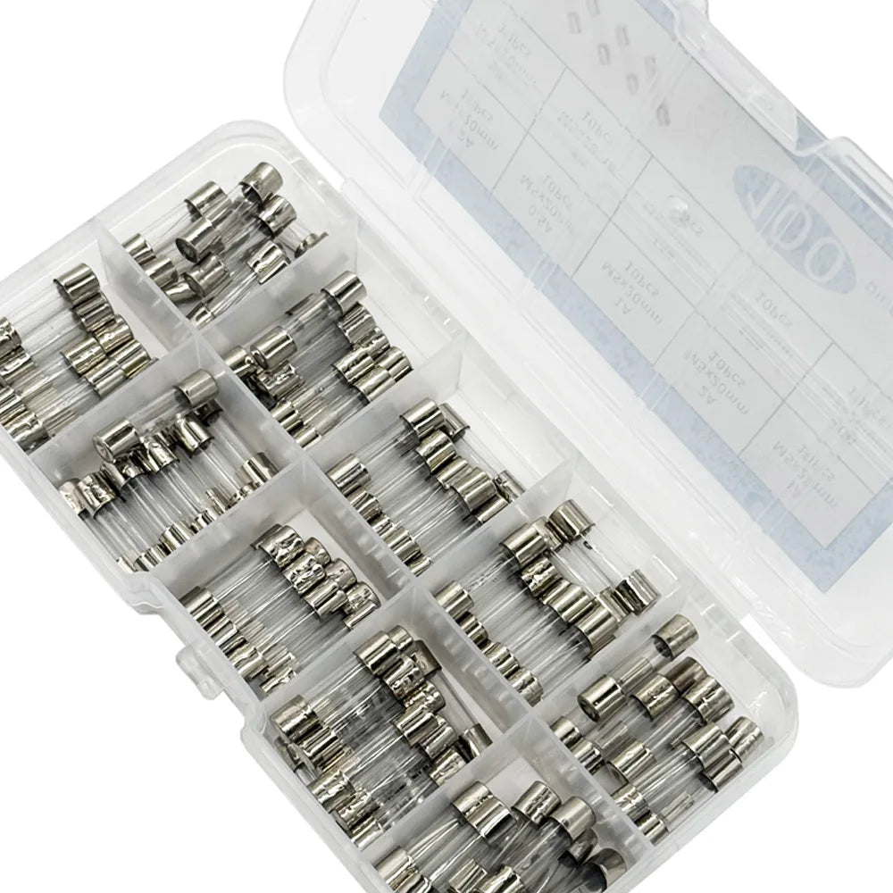 100PCS Fast Blown Glass Fuse Combination Kit M5x20mm 250V Multiple Amp Ratings 0.1A-20A Clear Plastic Storage Box