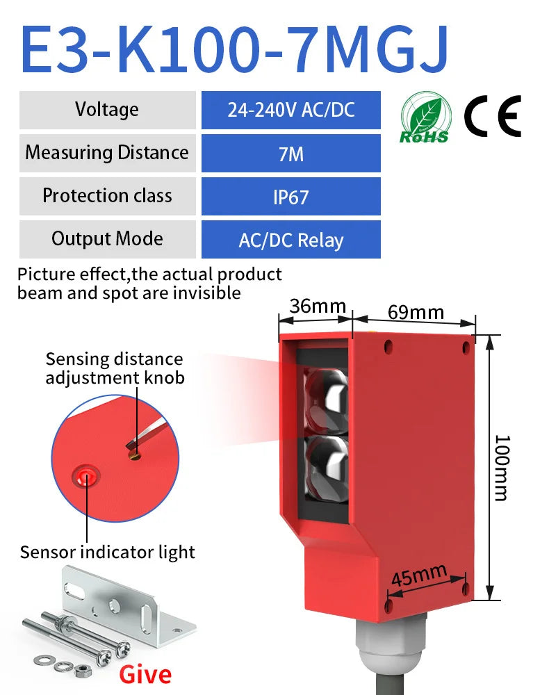 GTRIC Square Photoelectric Sensor Optic Infrared Switch Diffuse Reflection IP67 Waterproof 24-220V AC DC Universal 7m Distance