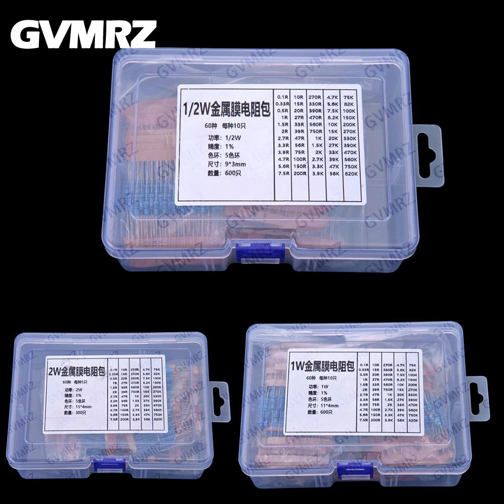 60Values 1/2W 1W 2W 3W 1% Metal film resistors kit dip 0.1R 100R 200R 300R 1K 2K 3K Resistor
