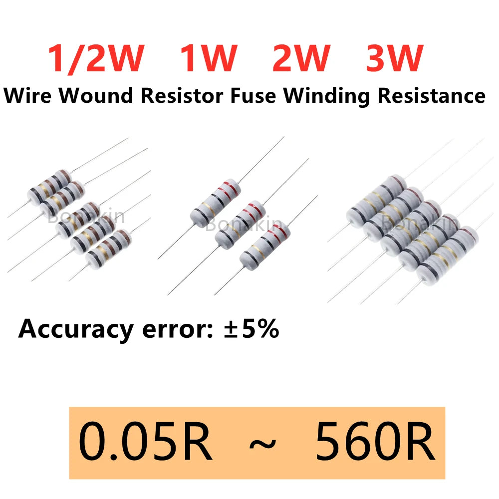 1/2W 1W 2W 3W 5% Wire Wound Resistor Fuse Winding Resistance 0.1R 0.22R 4.7R 5.1R 10R 20R22R 47R 51R 100R 220R 300R 470R 560ohm