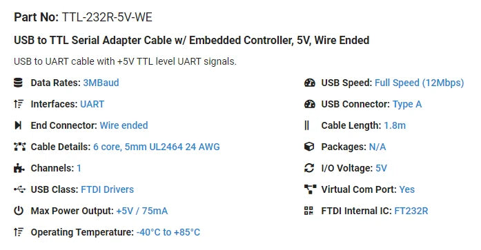 TTL-232R-3V3/5V Download Cable FTDI USB UART TTL 6 Way 0.1" Pin Header Debug Cable 1329311 BBB Beagle Bone Flash Cable